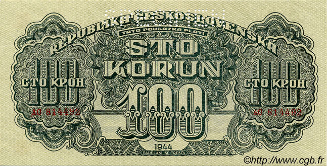 100 Korun Spécimen TSCHECHOSLOWAKEI  1944 P.048s fST+