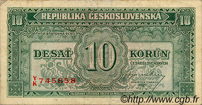 10 Korun CZECHOSLOVAKIA  1945 P.060a F+
