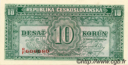 10 Korun Spécimen CECOSLOVACCHIA  1945 P.060s FDC
