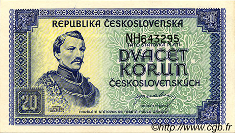 20 Korun CZECHOSLOVAKIA  1945 P.061a UNC