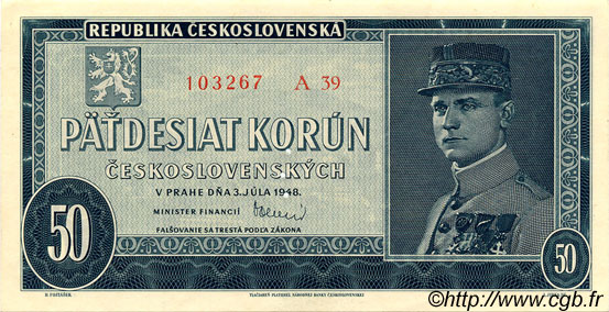 50 Korun Spécimen CECOSLOVACCHIA  1948 P.066s q.FDC