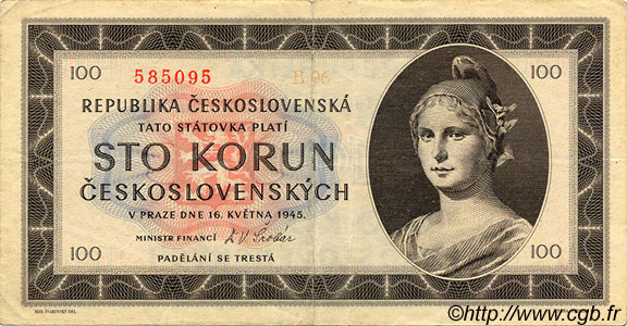 100 Korun CZECHOSLOVAKIA  1945 P.067a VF-
