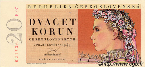 20 Korun Spécimen CZECHOSLOVAKIA  1949 P.070s UNC