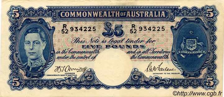 5 Pounds AUSTRALIA  1941 P.27b MBC+