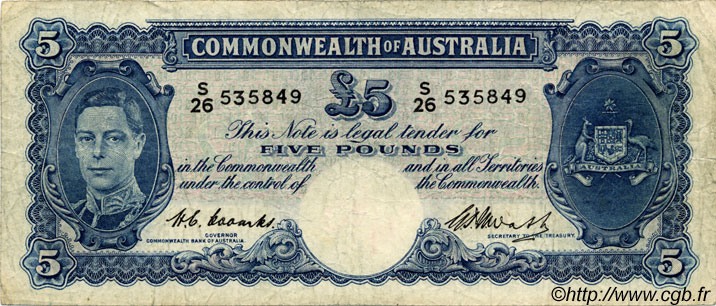 5 Pounds AUSTRALIA  1949 P.27c BC