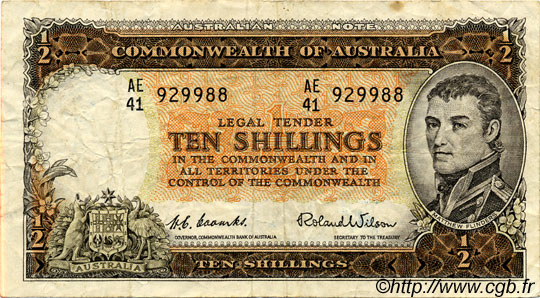 10 Shillings AUSTRALIA  1954 P.29 F