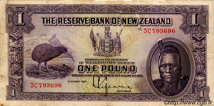 1 Pound NEW ZEALAND  1934 P.155 F+