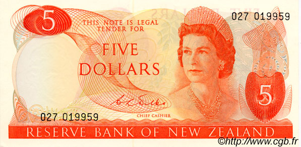 5 Dollars NEW ZEALAND  1968 P.165b UNC-