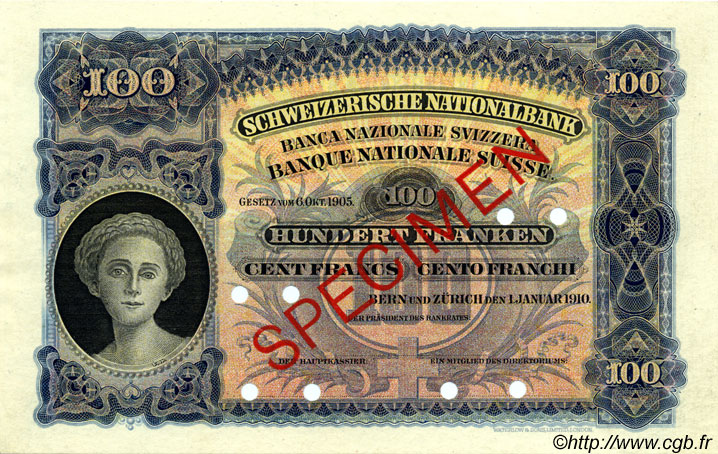 100 Francs Spécimen SUISSE  1910 P.06s fST+