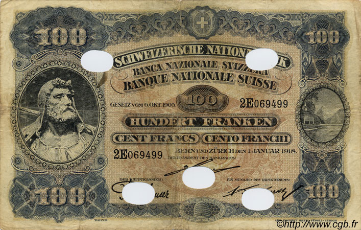 100 Francs Annulé SWITZERLAND  1918 P.09s F