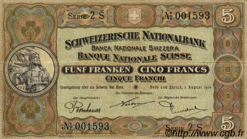 5 Francs SWITZERLAND  1914 P.11b VF - XF