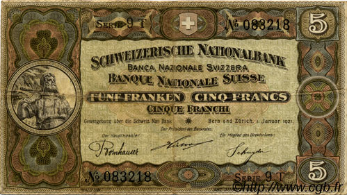 5 Francs SUISSE  1921 P.11e TTB