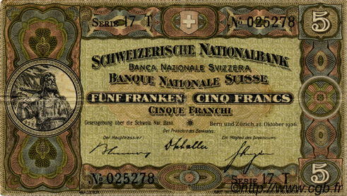 5 Francs SUISSE  1936 P.11h VF