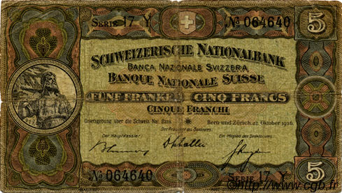 5 Francs SWITZERLAND  1936 P.11h VG