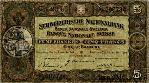 5 Francs SUISSE  1939 P.11i F+
