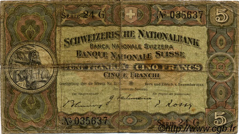 5 Francs SWITZERLAND  1942 P.11j VG