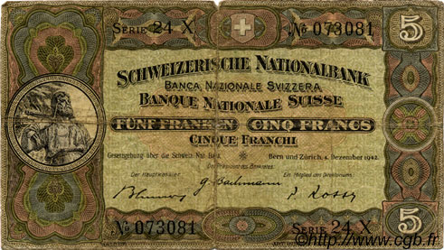 5 Francs SWITZERLAND  1942 P.11j G
