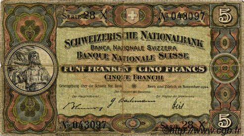 5 Francs SUISSE  1944 P.11k VF