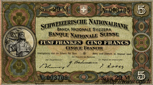 5 Francs SUISSE  1946 P.11l VF+