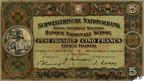 5 Francs SWITZERLAND  1946 P.11l F