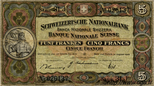 5 Francs SUISSE  1946 P.11l MBC