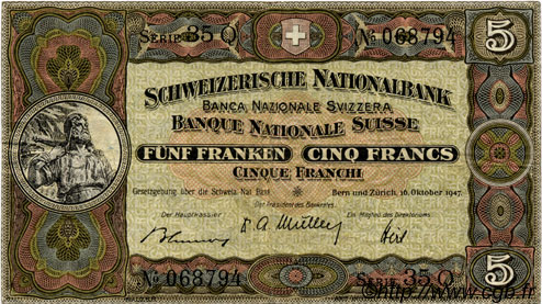 5 Francs SUISSE  1947 P.11m fVZ