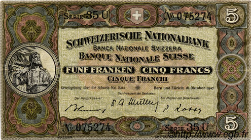 5 Francs SWITZERLAND  1947 P.11m VF+