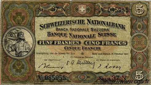 5 Francs SWITZERLAND  1947 P.11m F+