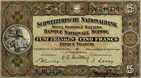 5 Francs SUISSE  1947 P.11m VF+