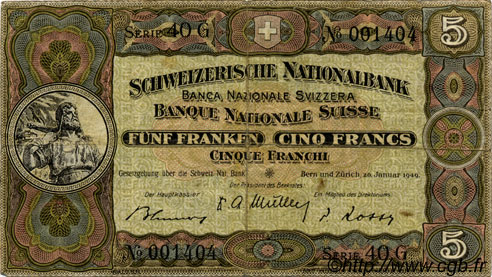 5 Francs SUISSE  1949 P.11n TTB