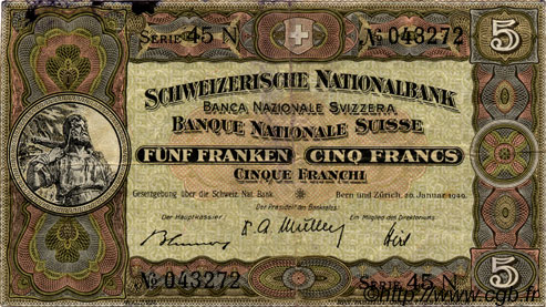 5 Francs SWITZERLAND  1949 P.11n F