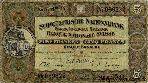 5 Francs SUISSE  1949 P.11n MB