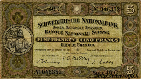 5 Francs SUISSE  1949 P.11n F