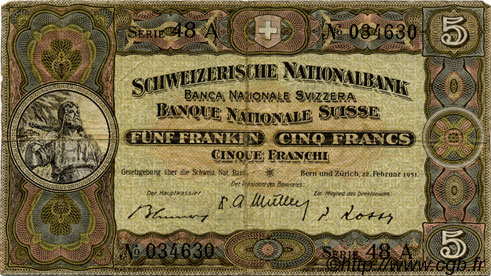 5 Francs SWITZERLAND  1951 P.11o F+