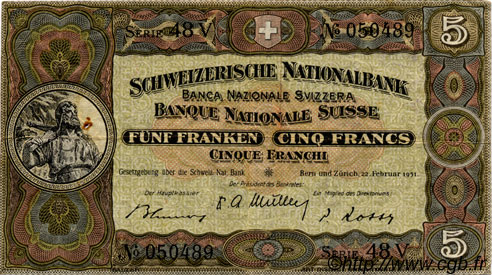 5 Francs SUISSE  1951 P.11o MBC
