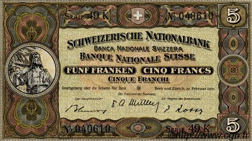 5 Francs SUISSE  1951 P.11o q.AU