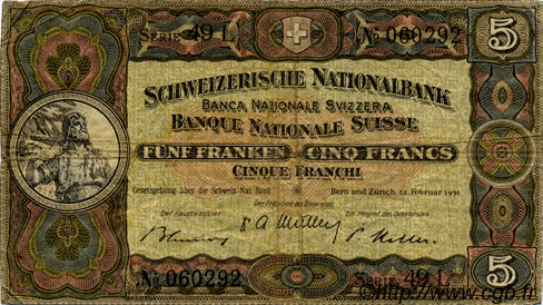5 Francs SWITZERLAND  1951 P.11o VG