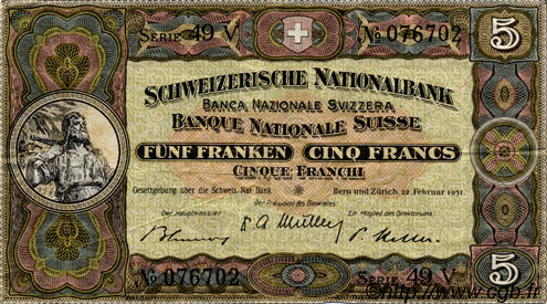 5 Francs SUISSE  1951 P.11o VF