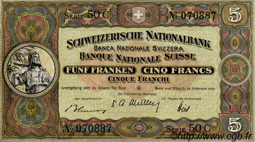 5 Francs SUISSE  1951 P.11o AU-