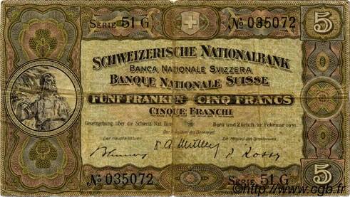 5 Francs SWITZERLAND  1951 P.11o F