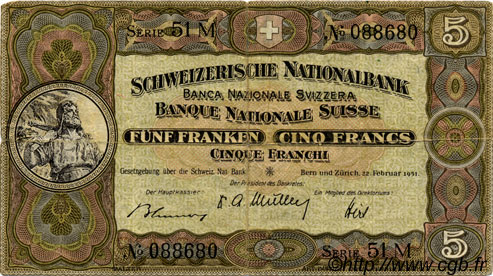 5 Francs SUISSE  1951 P.11o F+