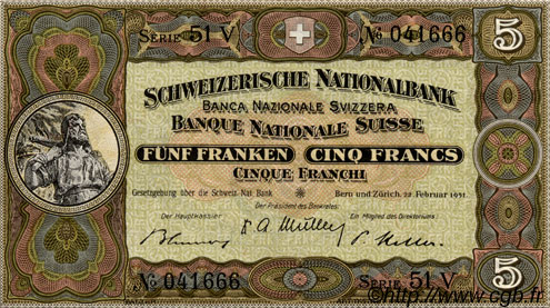 5 Francs SWITZERLAND  1951 P.11o UNC-