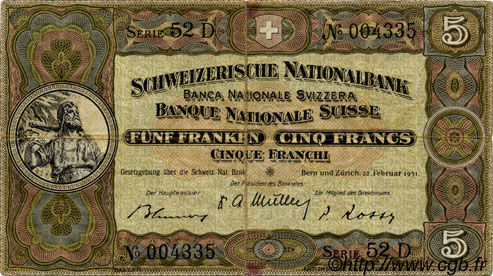 5 Francs SUISSE  1951 P.11o BB