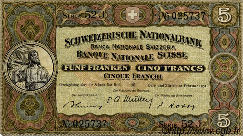 5 Francs SUISSE  1951 P.11o TTB