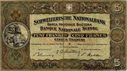 5 Francs SUISSE  1951 P.11o MB