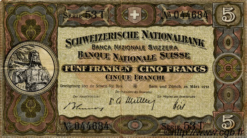 5 Francs SUISSE  1952 P.11p q.SPL