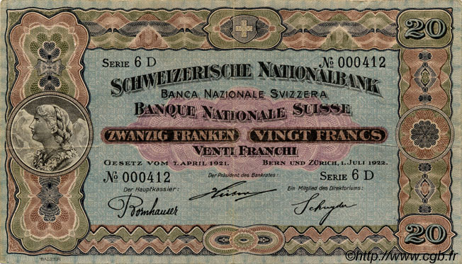 20 Francs SUISSE  1922 P.27a fVZ