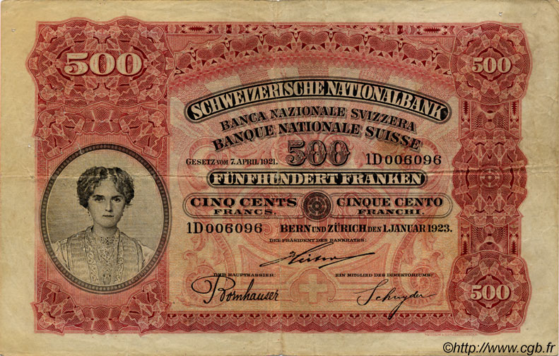 500 Francs SWITZERLAND  1923 P.29 F+