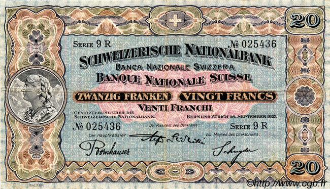 20 Francs SWITZERLAND  1927 P.33e VF