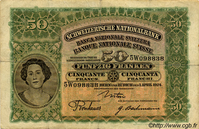 50 Francs SUISSE  1924 P.34a F+
